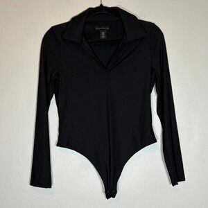 House of Harlow 1960 Womens Black Long Sleeve Collared V-Neck Bodysuit Medium